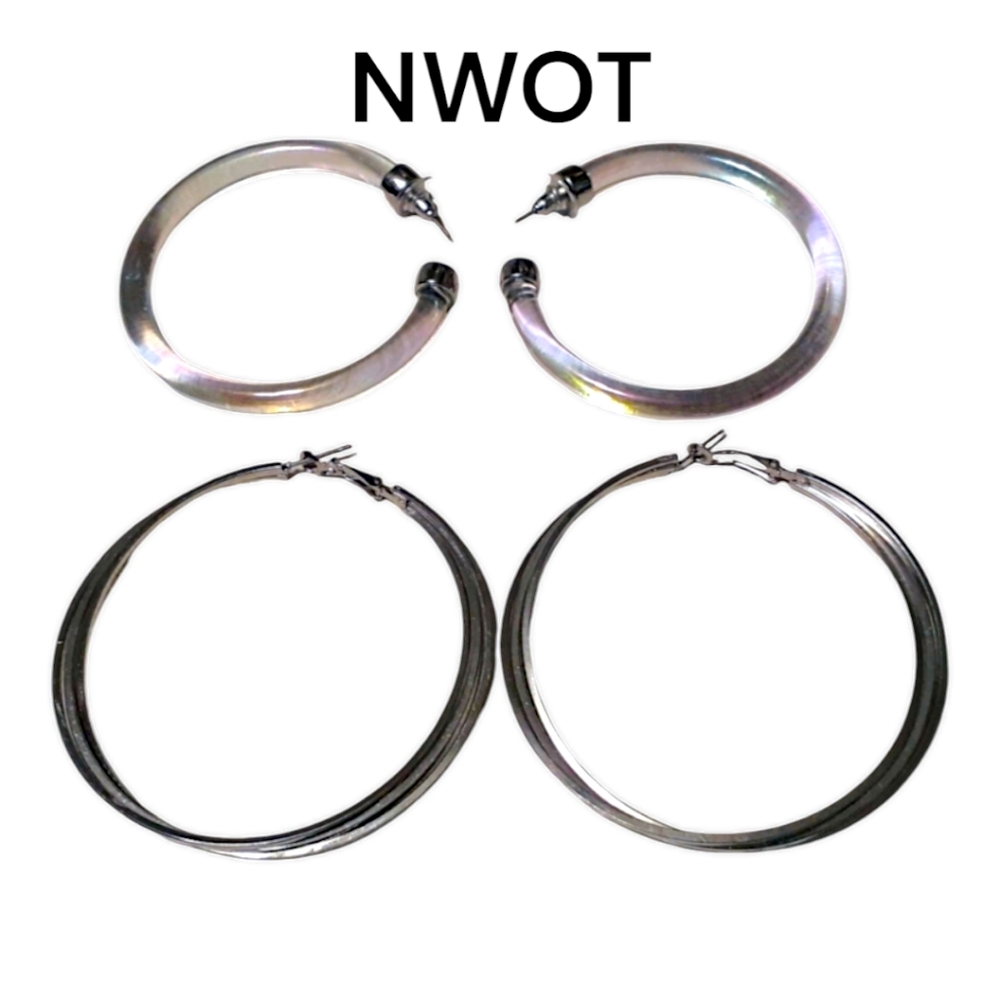 💥 Large Silver Tone Hoops & Clear Iridescent C-Shaped Hoops 2 Pair Earrings Set